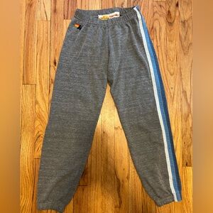 Gray Aviator Nation Sweatpants with Blue and White Stripes
